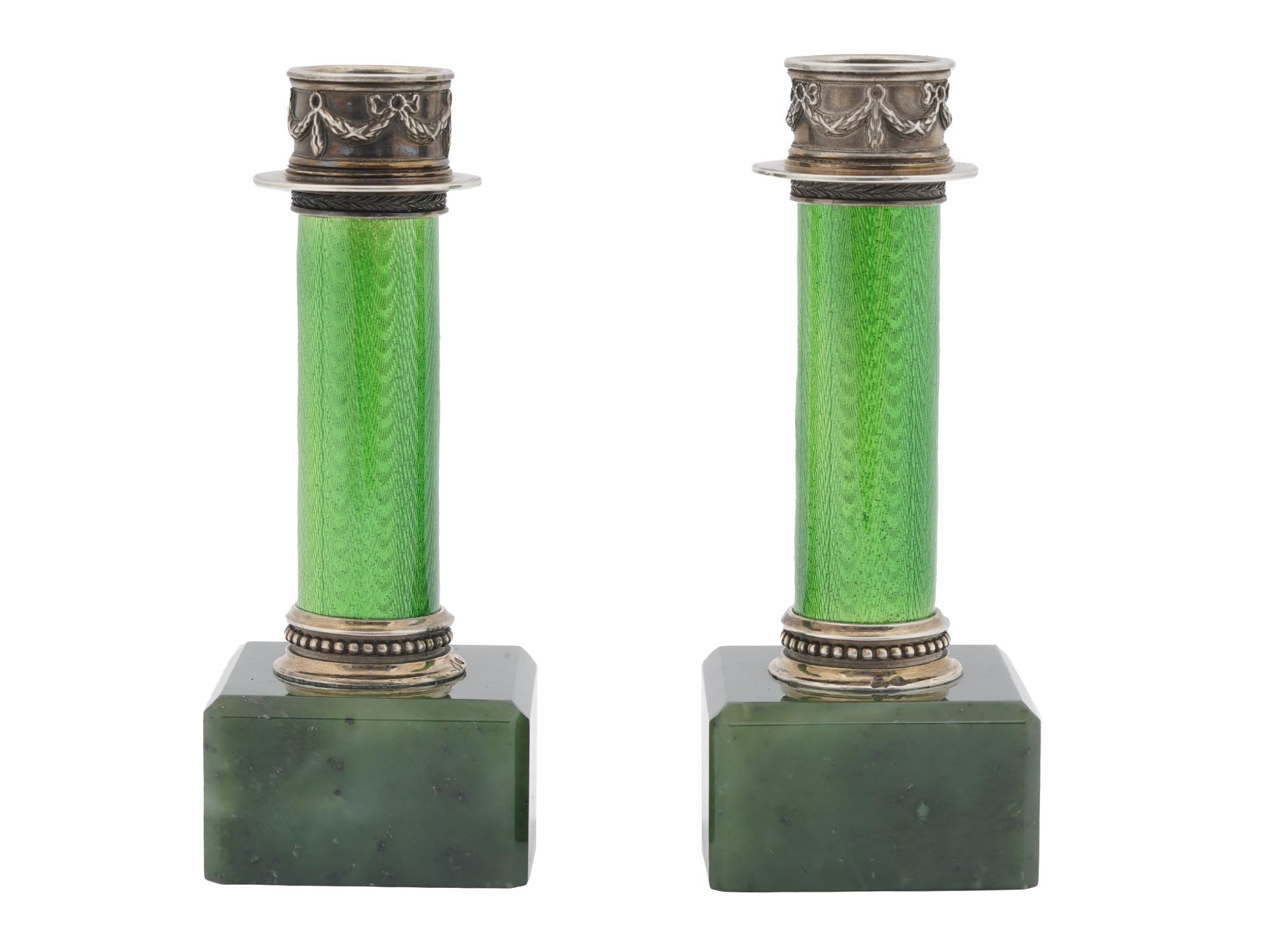 PAIR OF RUSSIAN SILVER AND NEPHRITE CANDLESTICKS PIC-1